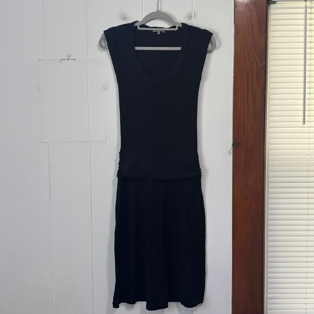 James Perse Black Tencel Ruched Dropped Waist Scoop Neck Mini Dress Size 1 S